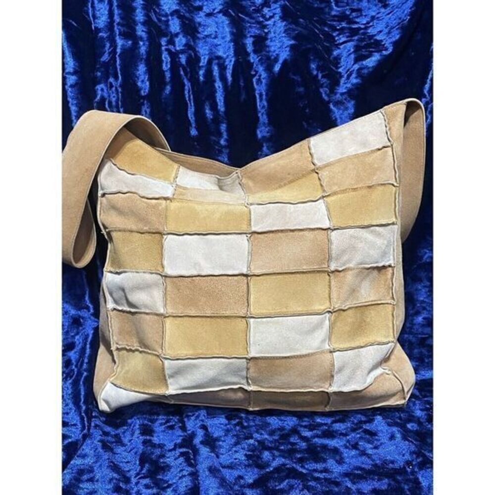 Chanel Tan Suede Patch Work Shoulder Bag / Tote / Purse with Black Leather Trim
